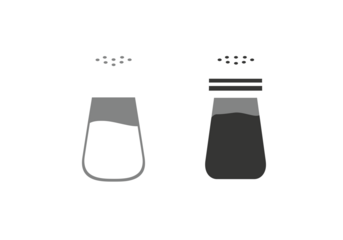 A minimalist illustration of a salt shaker and a pepper shaker, representing common kitchen seasonings.