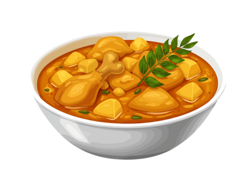 A delicious bowl of chicken and potato curry, garnished with fresh curry leaves, presented as a vector illustration on a white background. - Powered by Adobe