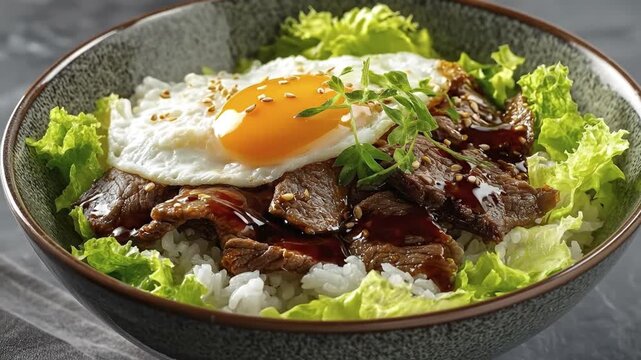A visually appealing close-up shot captures a hearty and delicious meal presented in a rustic, textured bowl. The dish features a base of fluffy white rice generously topped with tender slices of savo