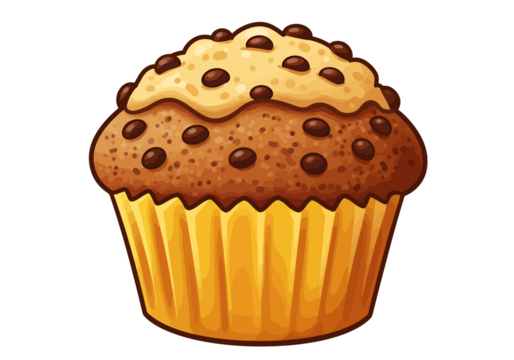 A delicious-looking chocolate chip muffin with a golden yellow wrapper and a generous topping of chocolate chips.