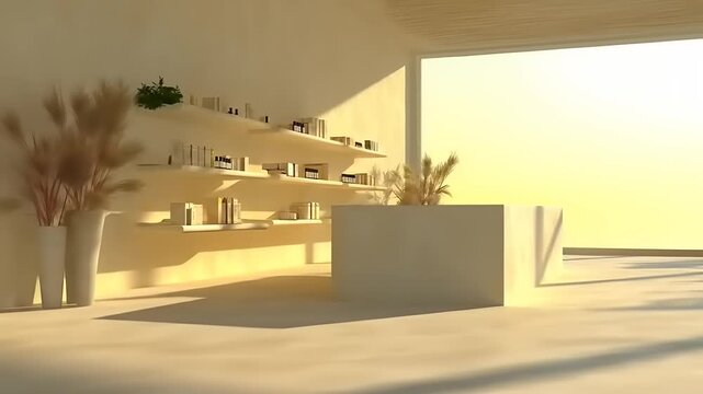 A minimalist interior with shelves displaying products, bathed in warm sunlight. Large window to a soft sky