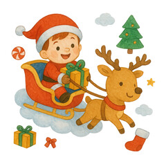 Fototapeta premium Little Santa Riding Sleigh Watercolor Illustration