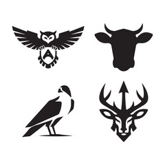 Collection of four distinct silhouette animal logos featuring owl cow crow and deer head