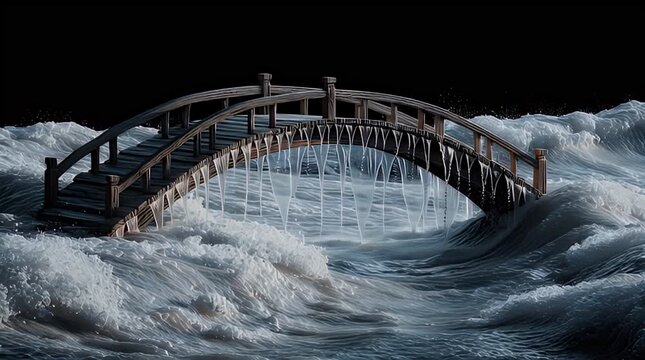 A wooden bridge spans frothing, churning water under a dark sky, suggesting a stormy environment