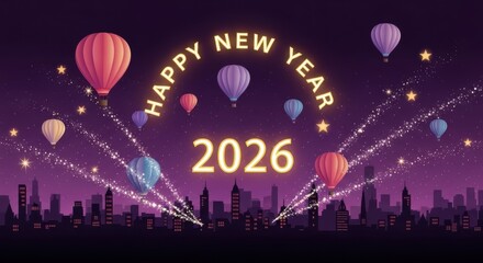 Happy new year 2026 with balloons and city silhouette on purple background