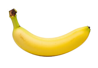 A single ripe yellow banana with a vibrant green stem and dark tip, luminous yellow skin with brown specks, against a clean transparent background, no shadows, pristine commercial product shot