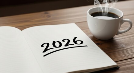 Planning for the year 2026 with a cup of coffee and a notebook on the table