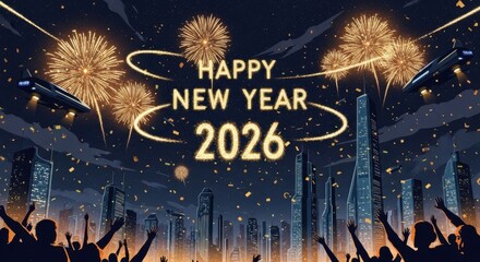 Happy new year 2026 with fireworks and futuristic city silhouette at night