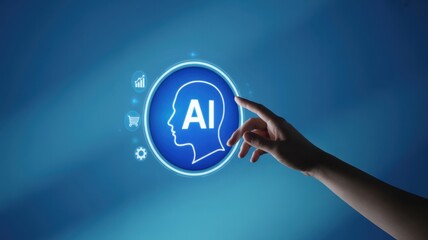 A hand touches an artificial intelligence icon on a blue background, symbolizing the integration of ai into various aspects of life