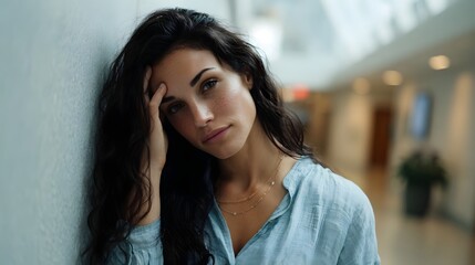A woman leans against a wall in a modern hallway her hand touching her forehead with a pensive expression