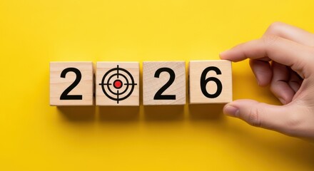 Targeting the year 2026 with wooden blocks and a hand on a yellow background