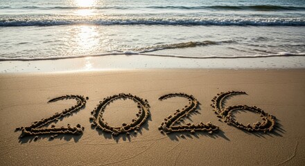 The year 2026 written in sand on a beach with ocean waves in the background