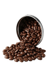Naklejka premium Freshly roasted Arabica coffee beans, rich dark brown, spilling from a sleek polished silver can onto a white surface, transparent backdrop, ample copy space, high-end coffee advertising concept