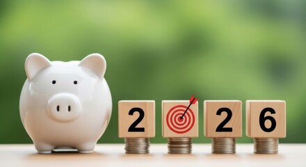 Piggy bank and wooden blocks with 2026 and target icon on blurred background