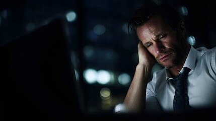 A man in a business shirt leans his head on his hand in a dimly lit office at night appearing exhausted from overwork
