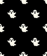 Obraz premium Cute Little Ghost Pattern on Black Background for Halloween Party Decoration and Spooky Festive Design