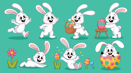 Fototapeta premium Happy White Easter Bunny Cartoon Vector Set. Cute Rabbit Characters with Colorful Eggs and Spring Flowers Collection