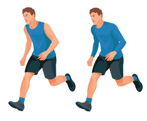 Two figures of a runner man in blue seasonal sportswear running in three-quarter view
