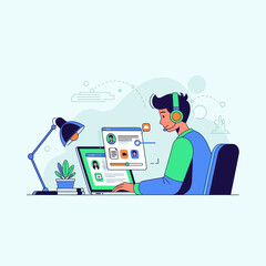 Flat Vector Illustration of Student Studying Online at Laptop Desk