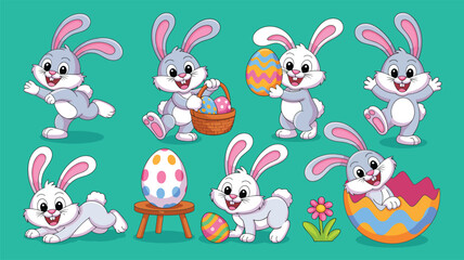 Naklejka premium Cartoon Easter Bunny Vector Set with Colorful Decorated Eggs. Happy Rabbit Character Collection for Spring Holiday