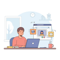 Flat Vector Illustration of Student Studying Online at Laptop Desk