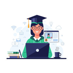 Flat Vector Illustration of Student Studying Online at Laptop Desk