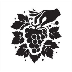 Elegant black silhouette of a hand gently touching a bunch of grapes surrounded by leaves
