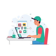 Flat Vector Illustration of Student Studying Online at Laptop Desk