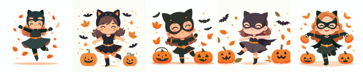 vector little girl in black cat costume celebrating halloween