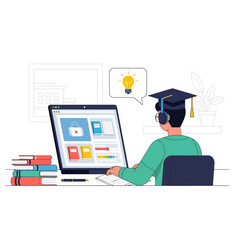 Flat Vector Illustration of Student Studying Online at Laptop Desk