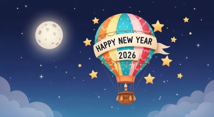 Happy new year 2026 banner on colorful hot air balloon with moon and stars