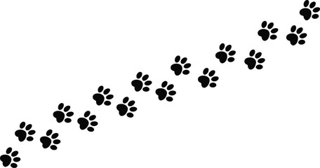 Naklejka premium Long Diagonal Black Paw Print Trail Vector. Animal Footprint Path. Dog or Cat Tracks for Website Border or Background