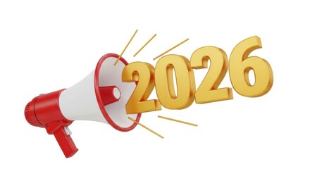 Announcement of the year 2026 with a megaphone isolated on white background