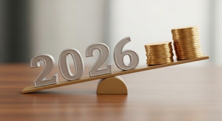 Balancing act coins and the year 2026 on a seesaw, financial future concept