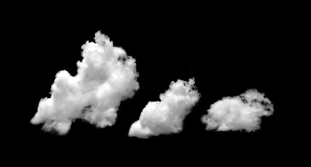 White fluffy clouds isolated on black background, realistic cloud shapes for sky replacement, weather design, digital art, or photo editing overlay, ideal for creative atmospheric compositions.