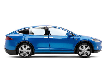 A studio shot of a blue colored modern electric toy car captured from the right side view.