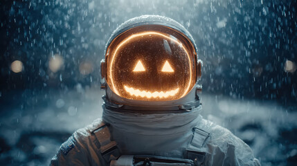 Halloween Astronaut With Glowing Jack-O’-Lantern Helmet Drifting Through Space