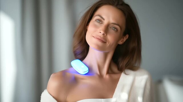 female adult using connected UV skin scanner before outdoor activity soft beep preventive dermatology care digital health three quarter wide angle cinematic color correction gent