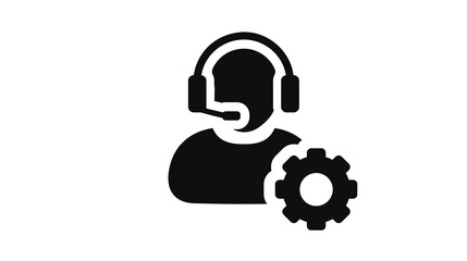 A customer support representative wearing a headset with a gear icon