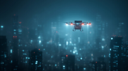 Floating drone delivery cityscape at sunset, neon trails, futuristic logistics theme, cinematic style