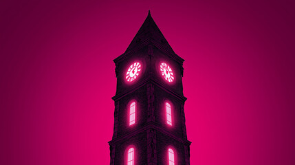 Creepy Clock Tower Poster. Spooky stylized clock tower with glowing windows on hot pink background, Halloween, empty top space for text, dramatic poster