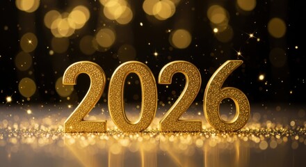 Golden 2026 numbers on a shiny surface with bokeh lights in the background