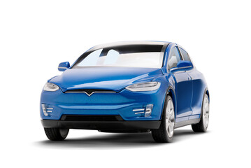  Studio photo of a blue colored modern electric toy car showing the front-left side view with the front partially visible