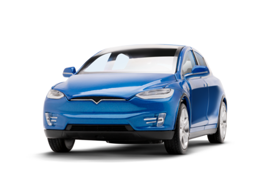  Studio photo of a blue colored modern electric toy car showing the front-left side view with the front partially visible