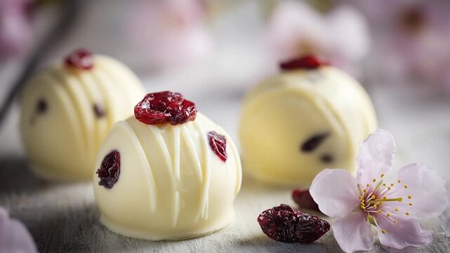 Elegant white chocolate bonbons, adorned with ruby red dried cranberries, are artfully arranged on a textured surface. A soft, blurred floral background creates an inviting gourmet dessert scene, perf