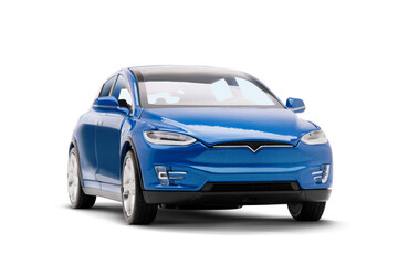 Studio photo of a blue colored modern electric toy car, showing the front-right side view with the front partially visible.