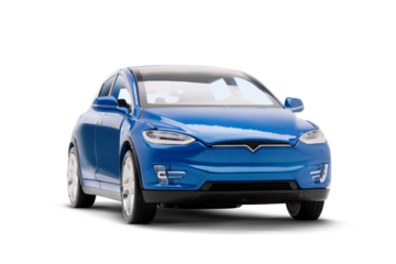 Studio photo of a blue colored modern electric toy car, showing the front-right side view with the front partially visible.