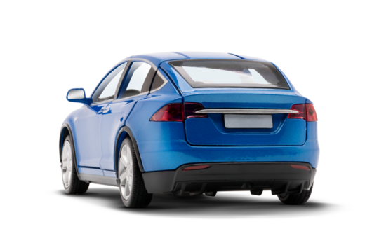 Blue colored modern electric toy car studio photo showcasing left side and rear view.