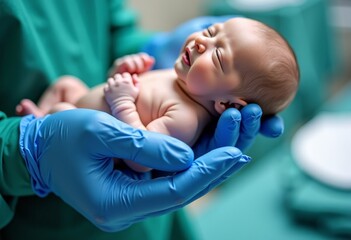 A newborn baby in the hands of a doctor wearing blue medical gloves. A new life
