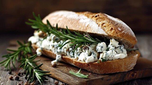 This appetizing close-up showcases a beautifully prepared baguette sandwich, generously filled with a creamy, crumbly blue-veined cheese and garnished with aromatic fresh rosemary sprigs. The rustic, 